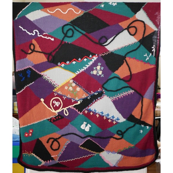 Homemade Knitted Throw 80s Abstract Wild 55" x 48"